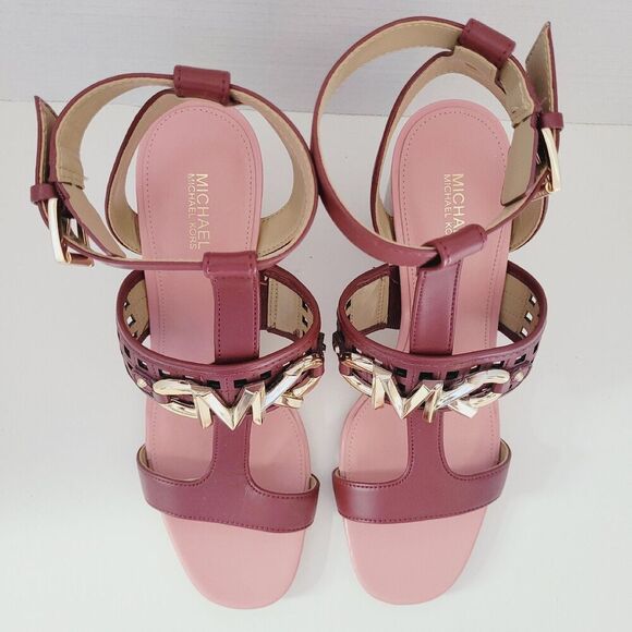 8.5 Women's MK MICHAEL KORS Burgundy Wine Ankle Strappy Block Heel Sandals - Picture 9 of 14